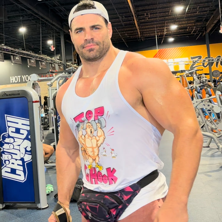 Eric Bugenhagen aka Bugez Von Hagen aka Rick Boogs aka Dik Del Hagen aka Rick the Stick has endured endless cerebral anguish to conceive a shirt that optimally allows one to display their superior and immaculate density. After endless torment, it hit The Stick like a ton of frickin bricks! Behold, the perfect fitting tank top with the most quintessential artistry exhibiting peak freak big kahuna horse cockery…the TOP CHOOK!